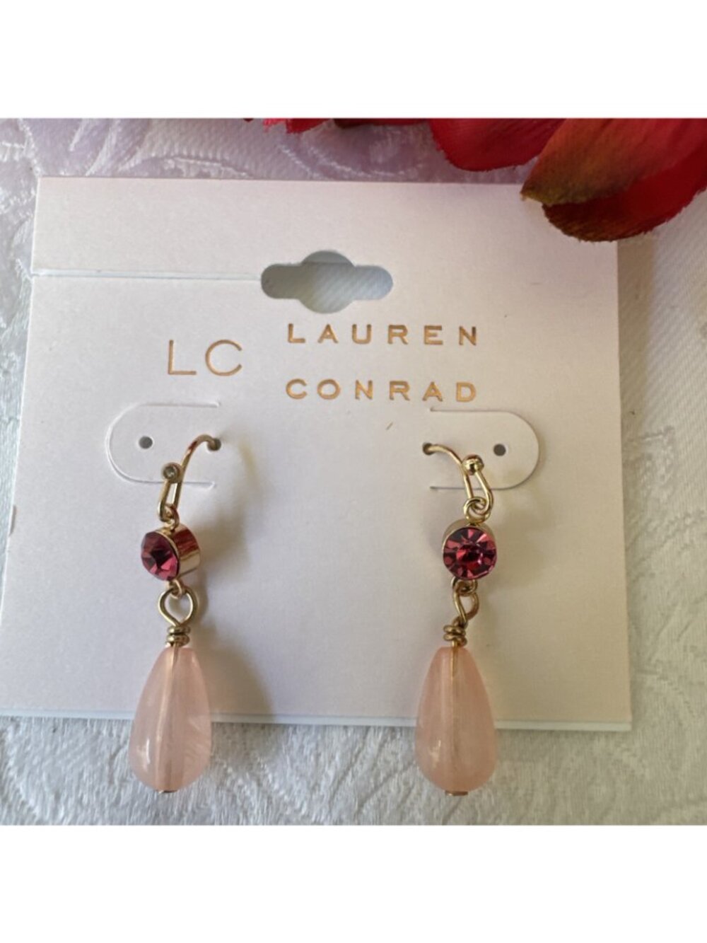 LC Lauren Conrad Dainty Earrings Dangle Beads Pink GoldTone 1.5" Summer NEW - Picture 2 of 6